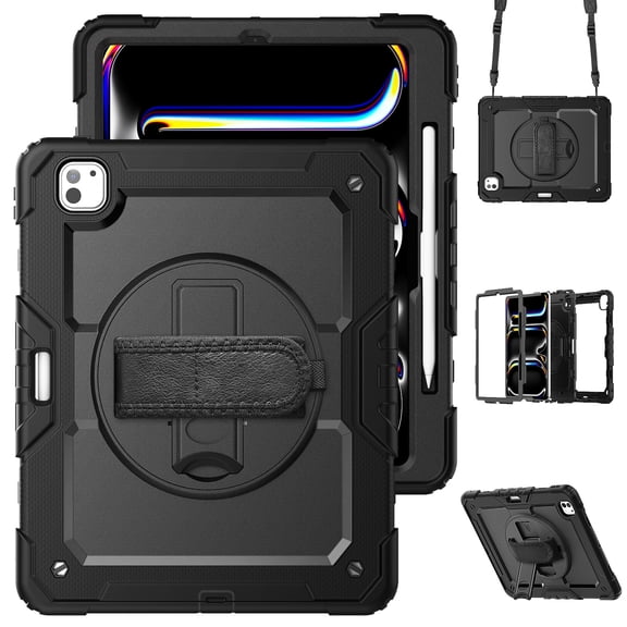 For iPad Pro 13 inch Case 2024 (M4), 360 Rotating Shockproof Cover with Stand, Screen Protector, Shoulder Strap, Black