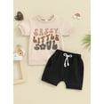 thumbnail image 3 of Aojekbee Toddler Boy Summer Clothes Letter Print Short Sleeve T-Shirt with Elastic Waist Solid Color Shorts 2Pcs Outfit, 3 of 10