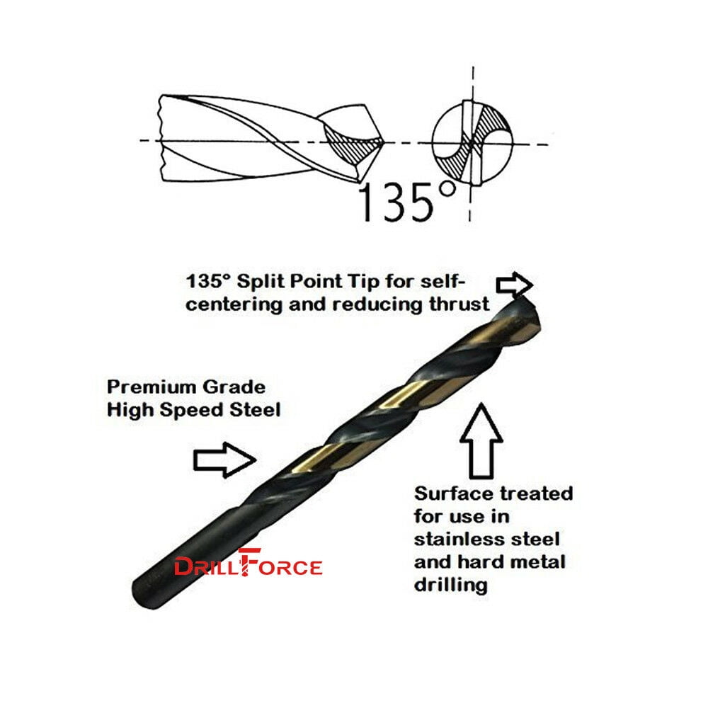 DrillForce 7/32" 12Pcs  HSS Black and Gold Drill Bits Jobber Length for Metal Wood Platic M2 High Speel Steel