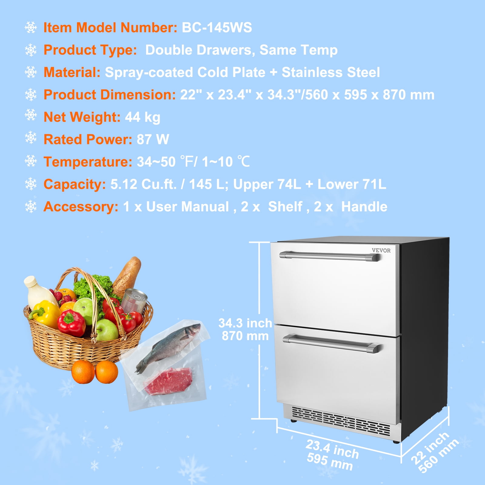 BENTISM Dual Drawer Refrigerator, Stainless Steel, 5.12 cu ft