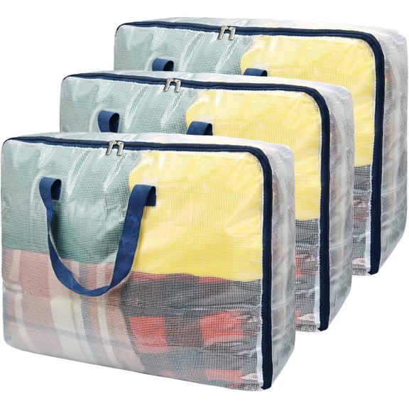 Clear Storage Bags with Zipper, 75L Extra Large Capacity - Closet, Underbed Storage Organizer for Clothes, Bedding, Comforter, Toys, Pillow & Blanket, 3 Pack