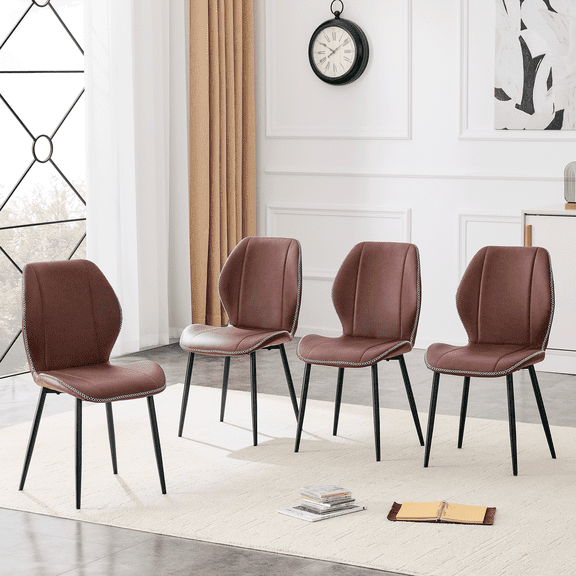 4-Pack PU Leather Dining Chairs Reddish-Brown with Black Metal Legs Adjustable Feet for Dining Room Study Office
