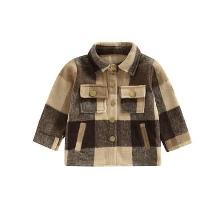 

Coduop Toddler Baby Boys Girls Shacket Jacket Long Sleeve Plaid Print Lapel Shirt Coat with Pockets