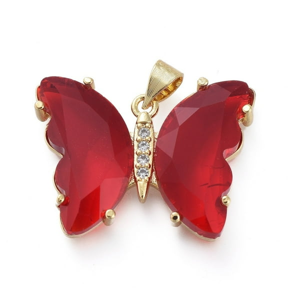 5 pc Brass Micro Pave Clear Cubic Zirconia Pendants with Glass Butterfly Golden Red 20x26.5x5mm