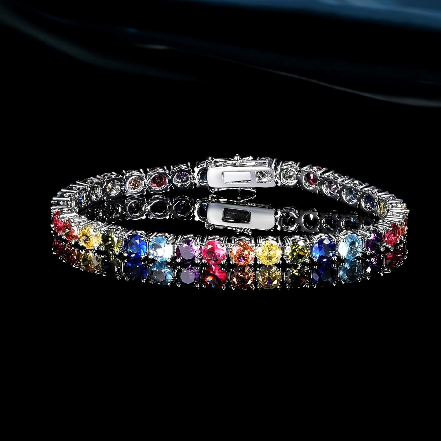 GEMSME Women Bracelet 18K White Gold Plated 5.0 Round Colorful Cubic Zirconia Classic Tennis Bracelet for Women Men 6.5 Inch