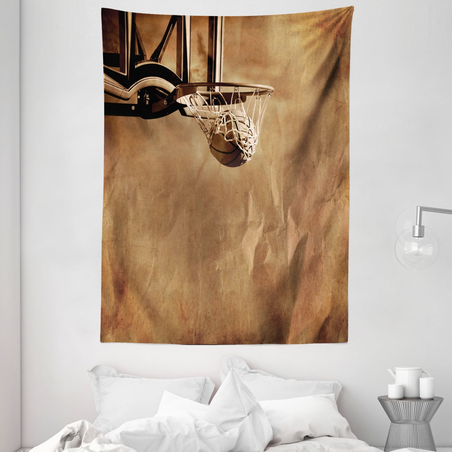 Basketball Tapestry, Ball in the Net on Crumpled Paper Style Backdrop
