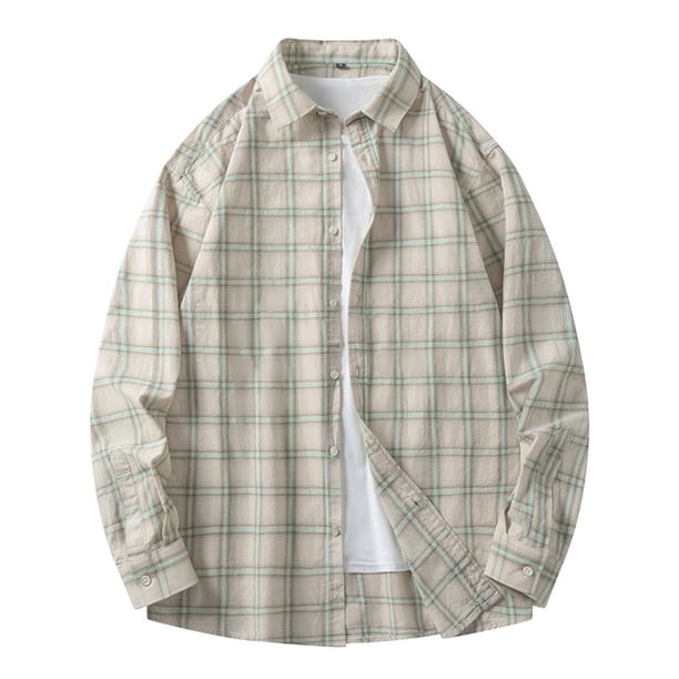 Blusa y camisa de manga larga con cuello vuelto, camisa informal a cuadros para hombre, blusa holgada juvenil de manga larga con cuello vuelto, blusa de poliéster para hombre