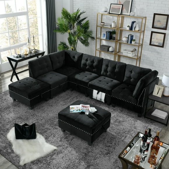 Cfowner L Shape Modular Sectional Sofa, Living Room Sofa Couch with Three Single Chair, Two Corner and Two Ottoman, DIY Combination