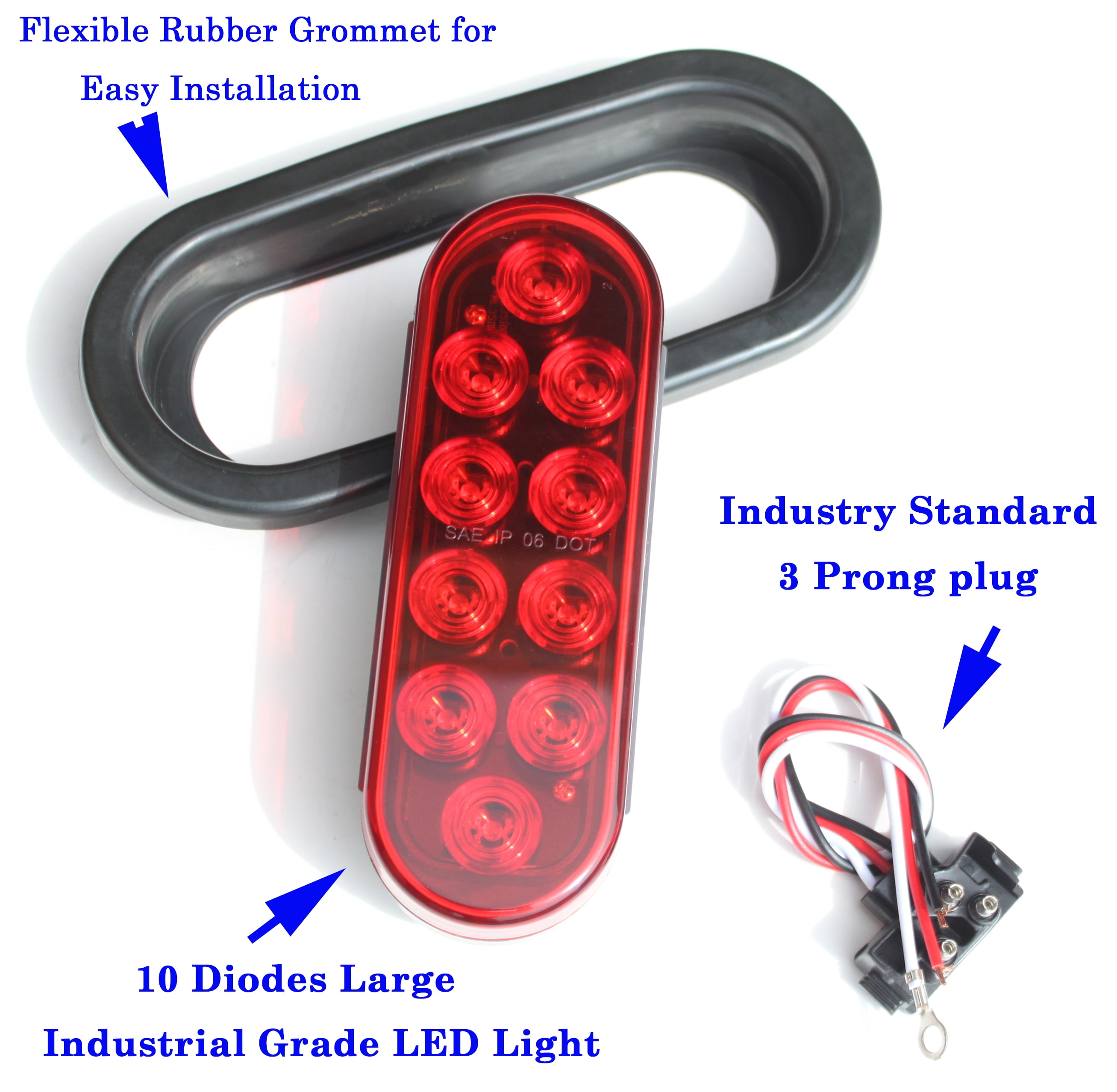 Set of 10 Pcs LED 6" Oval Red Brake Stop Turn Tail Marker Signal Lights for Truck Trailer Tractor w Grommet Pigtail Kit DOT SAE Approved -D