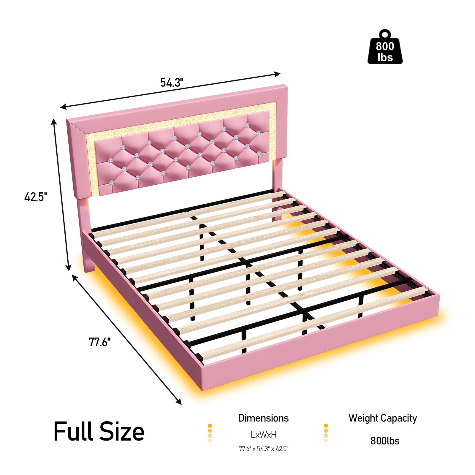 4 EVER WINNER  Full Size Floating Bed Frame with LED Lights, Upholstered Platform Bed Frame with Diamond Tufted Headboard, Pink Full Size Bed Frame, Pink