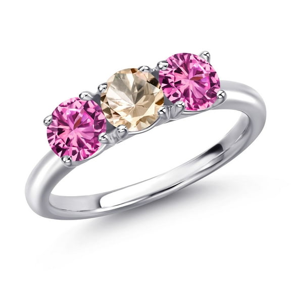 Gem Stone King 925 Sterling Silver Peach Morganite and Pink Created Sapphire Engagement Ring for Women | 1.50 Cttw | Round 5MM | Gemstone October Birthstone | Size 7