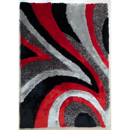 Rug Size 5'x7' Shaggy Rug In Gray and Red with Cotton Backing. 100% Polyester with Two type of Yarns, Appx. Two Inch Pile Height Thickness (Best Type Of Rug For Kitchen)