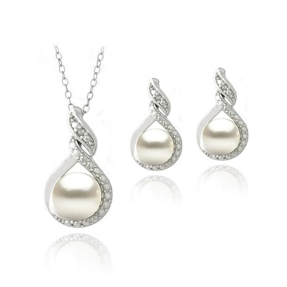 Sterling Silver Diamond Accent Freshwater Pearl Loop Twist Necklace & Earrings Set