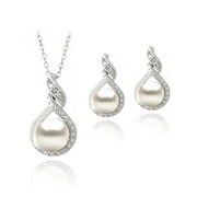 SILVERSPECK Sterling Silver Diamond Accent Freshwater Pearl Loop Twist Necklace & Earrings Set