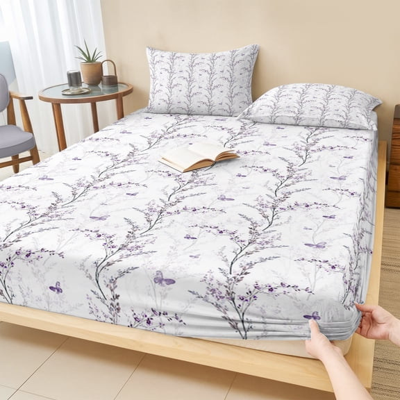 Full Size Fitted Sheet Set - Purple Botanical 3 Piece Bedding Sets 16" Deep Pocket Fitted Sheet with 2 Pillowcases Butterfly Spring Floral Summer Botanical Brushed Microfiber Hotel Luxury Bed Sheets