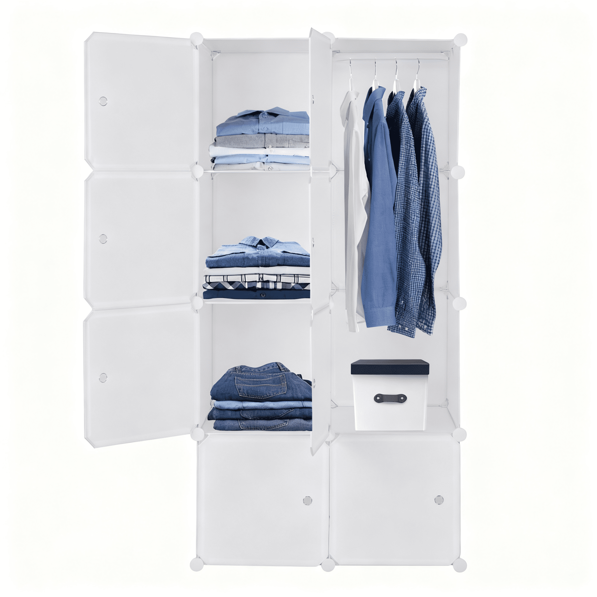 8 Cube White Stackable Storage Organizer, ABS PP Plastic Rust-proof Metal Frame Modular Closet Cabinet with Hanging Rod, Multifunctional DIY Cube Shelves for Home Office Kids Room