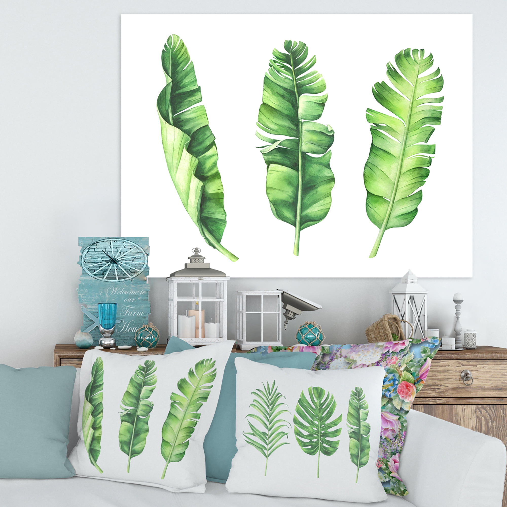 Tropical Banana Leaves Set On White 32 in x 24 in Painting Canvas Art Print, by Designart