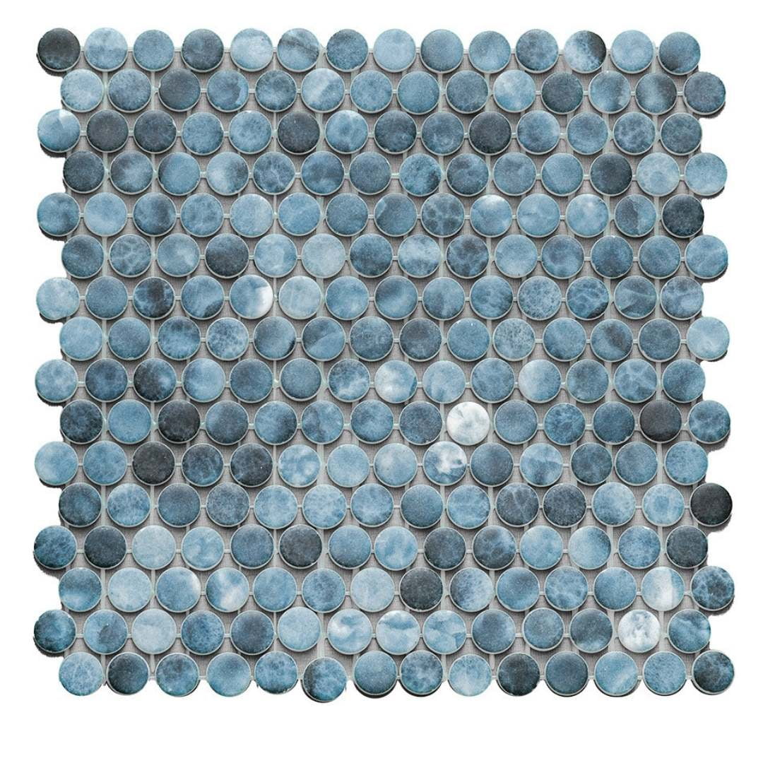 The Tile Life Eterna Penny 1" x 1" Onice Blue Glass Round Mosaic Floor and Wall Tile 1 Sheet