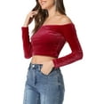 thumbnail image 4 of INSPIRE CHIC Women's Boat Neck Long Sleeve Off Shoulder Cropped Velvet Blouse L Wine Red, 4 of 5