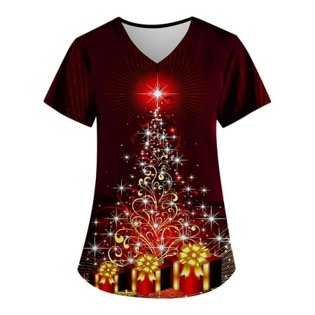 

Ovticza Women Scrubs for Christmas Merry Christmas with Pockets Xmas Nursing Short Sleeve V Neck Uniform Holiday Womens Scrub Tops Black 5XL