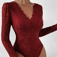 thumbnail image 4 of TNOBHG Slim Fit Bodysuit Women's Lace Bodysuit Flower Embroidery Deep V Neck Long Sleeve Slim Fit See-through Solid Color Soft Breathable Spring Playsuit, 4 of 8