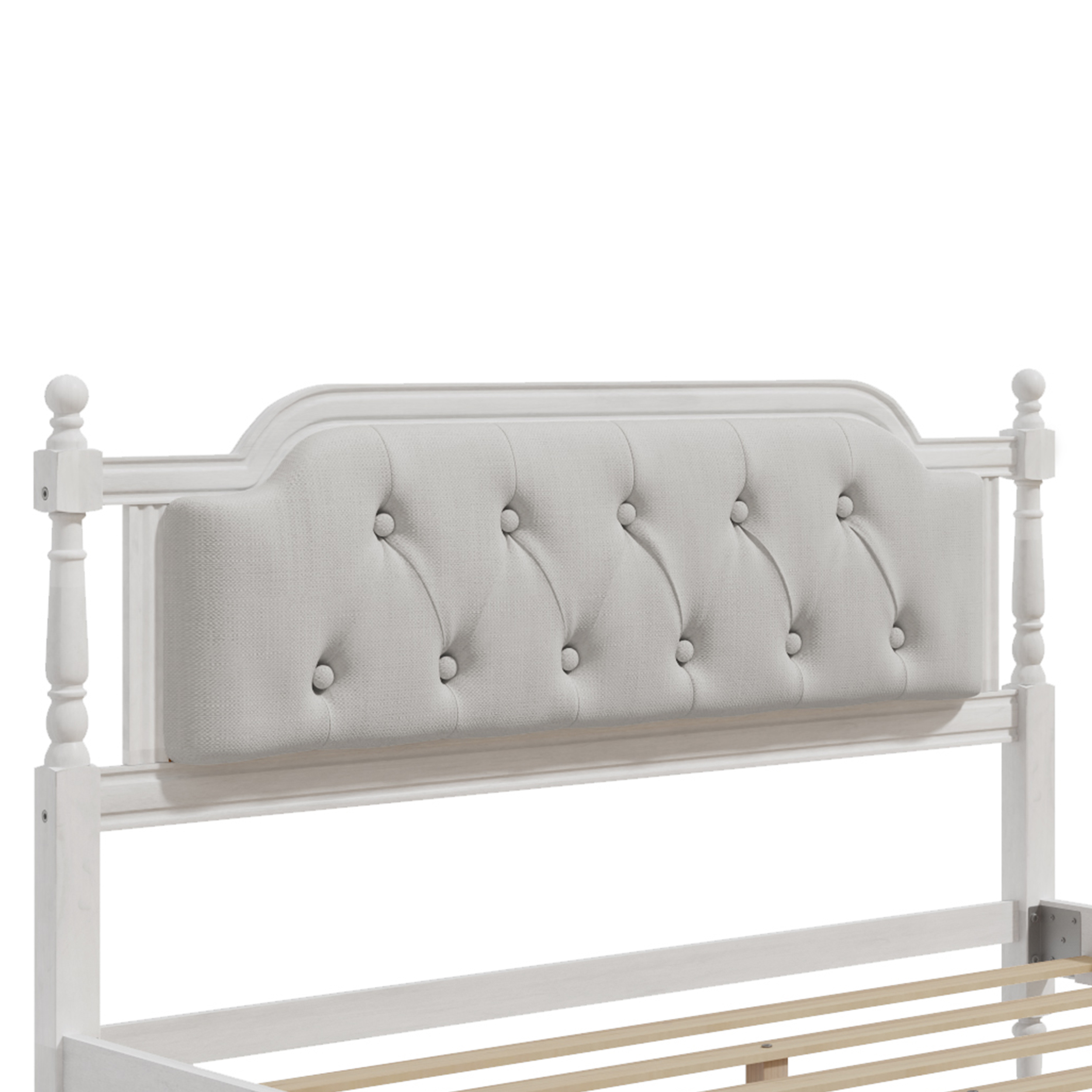 Euroco Traditional Wood Full Size Platform Bed with Upholstered Tufted Headboard, Antique White