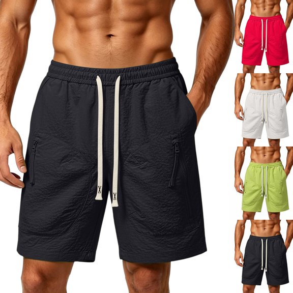 Men's Hiking Shorts 9 inch Casual Elastic Waist Drawstring Summer Beach Short with Zipper Pockets Black