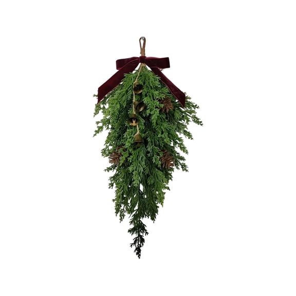 Burgundy Christmas Teardrop Swag 22 Inch Rustic Door Swag Teardrop Wreath Artificial Pine Needle Hanging Garland Greenery with Bell Velvet Bow for Outdoor Fireplace Decor (Burgundy)
