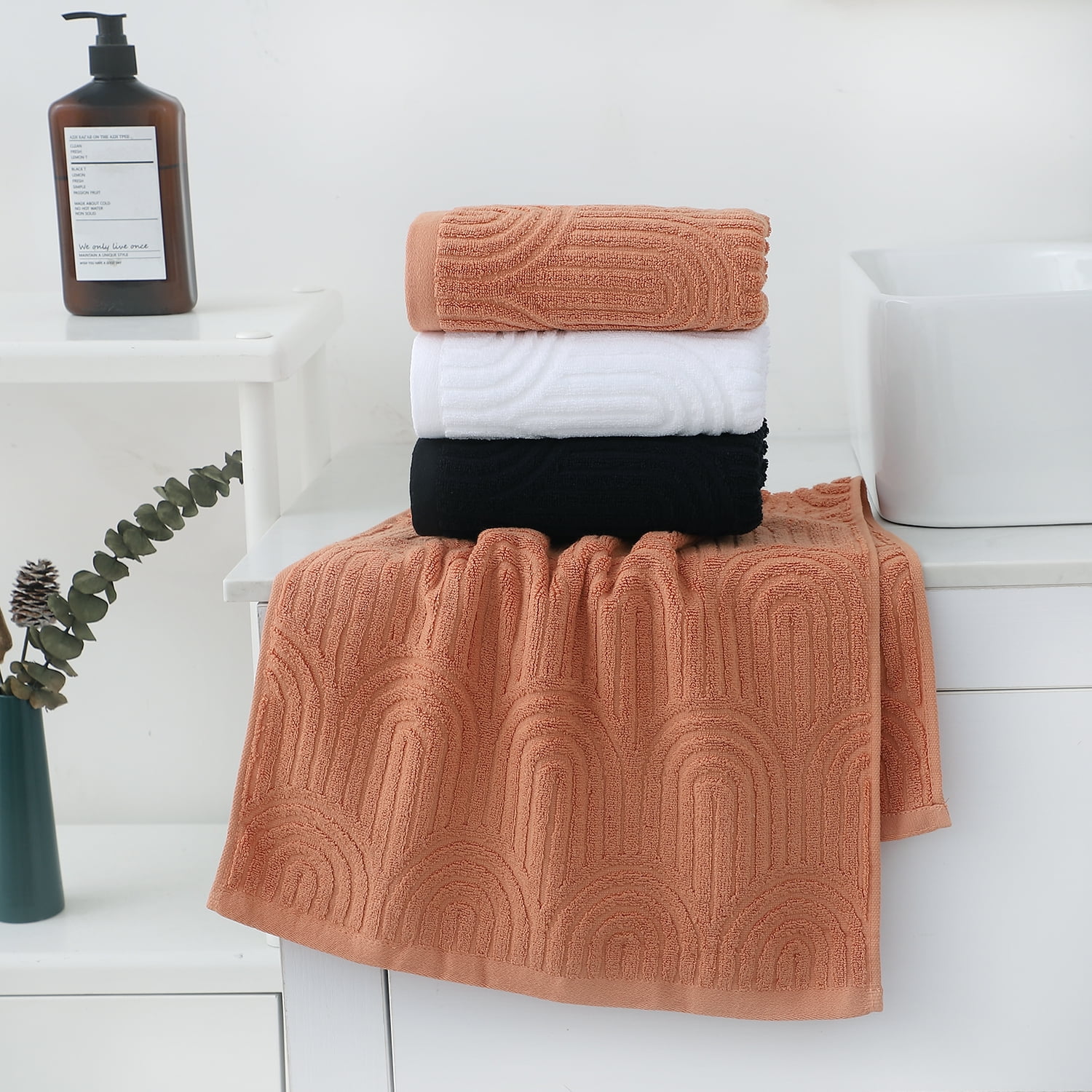 Pidada Hand Towels Set of 2 Striped Pattern 100% Cotton Absorbent Soft Decorative Towel for Bathroom (Burnt Orange)
