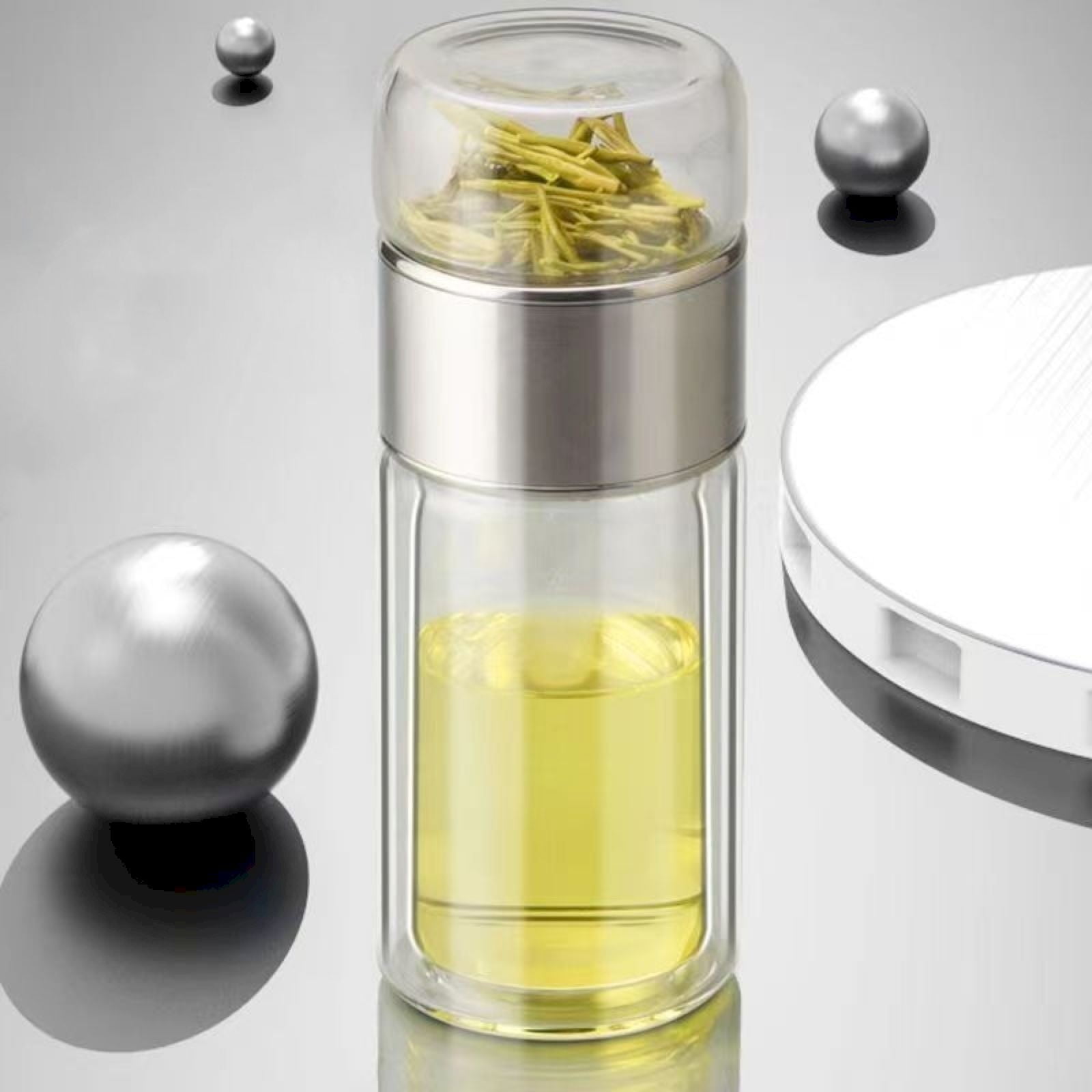 YAZHPA Tea Infuser Bottle,12oz/350ml Double Layer Stainless Steel Leakage Proof Glass Water Bottle Travel Water Separation Tea Bottle Mug Cup for Office Travel Home, Silver