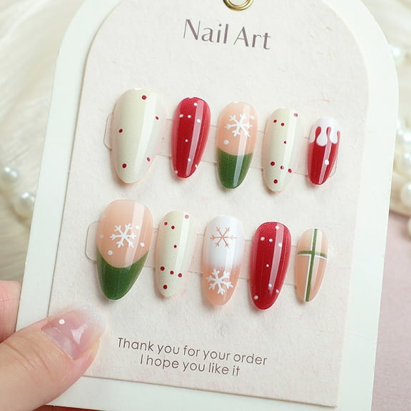 Christmas Press on Nails, 24PCS Premium Almond Cat Eye Fake Nails with Hand-Painted Snowflakes & Plaid, Classic French Tip Nail Art Kit for Holiday Manicure