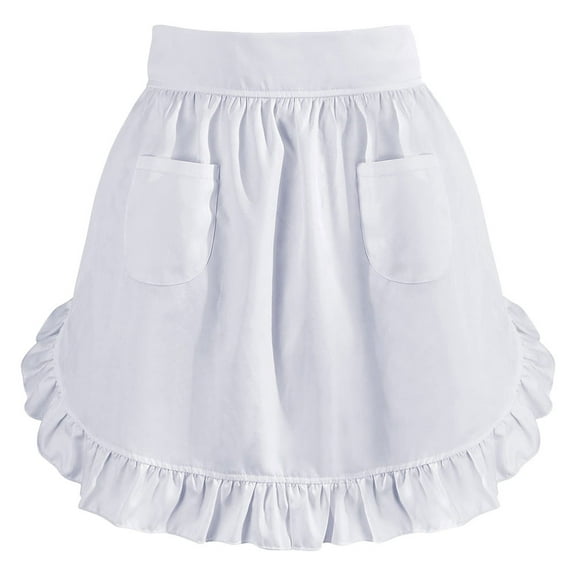 OFFIGAM White Women's Waist Apron with Ruffled Edges, Multiple Pockets for Cooking, Baking, Serving, and Kitchen Use