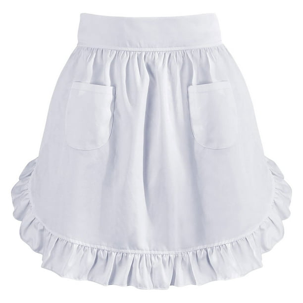 Delantal de cintura para mujer con 2 bolsillos, medio delantal, para camarera, camarera, uniforme de cocina, restaurante, cafetería, color blanco