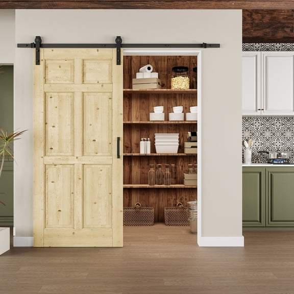 36" x 80" Solid Pine 6-Panel Sliding Barn Door With Installation Hardware Kit/No Assembly Required