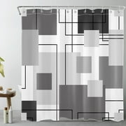 Grey and White Striped Geometric Shower Curtain Decor, Abstract Mid Century Modern Black Shower Curtains for Bathroom 69X70 inch Polyester Fabric Bathroom Decoration Bath Curtains Hooks Included