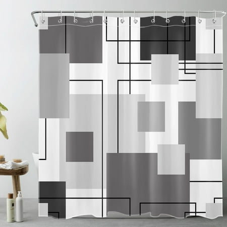Grey and White Striped Geometric Shower Curtain Decor, Abstract Mid Century Modern Black Shower Curtains for Bathroom 69X70 inch Polyester Fabric Bathroom Decoration Bath Curtains Hooks Included