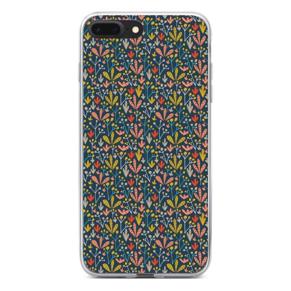 DistinctInk Clear Shockproof Hybrid Case for iPhone 7 PLUS / 8 PLUS (5.5" Screen) - TPU Bumper, Acrylic Back, Tempered Glass Screen Protector - Modern Floral - Navy Yellow Teal