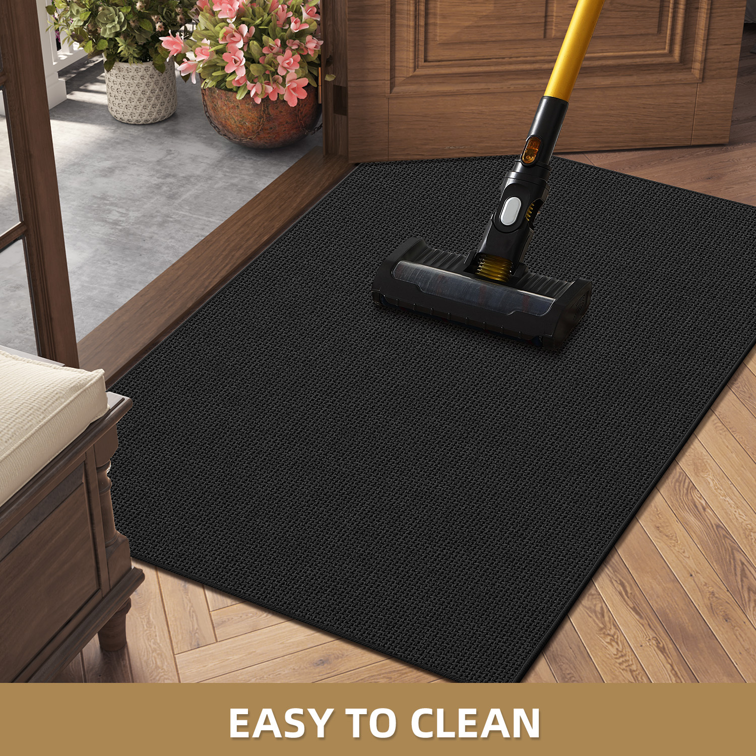 PABUBE Thin Indoor Doormat, Durable Dirt Trapper Entry Rug for Inside House, Non Slip Doormat Indoor Entrance, Low Profile Welcome Mat for Inside, Black, 17" x 30"