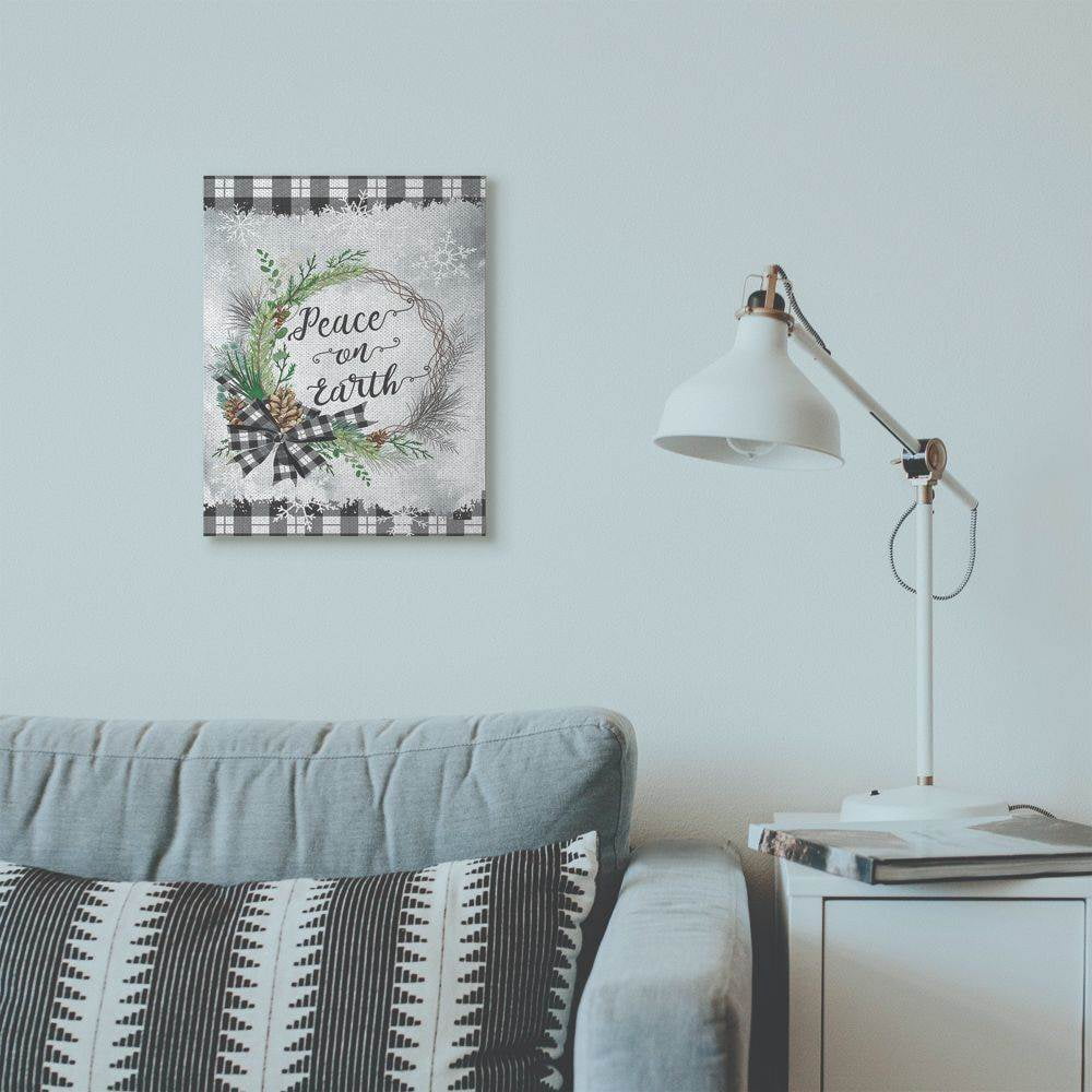 Stupell Industries Peace On Earth Wreath Plaid Holiday Christmas Word DesignCanvas Wall Art By Artist ND Art