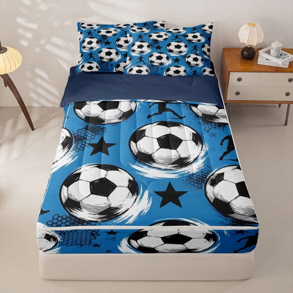 Homewish Soccer Sport Games Themed Kids Zipper Twin Comforter Sets with Fitted Sheet and 2 Pillowcases For Football Gamer,Cute Stars Print Zipper Bedding Set,Navy Blue Reversible,4 Pieces