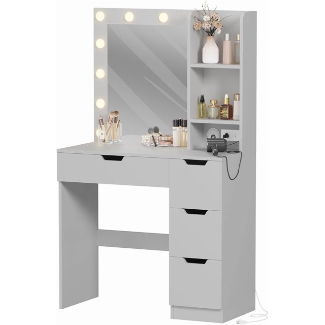 QinaQin Vanity Desk with Mirror and Lights, 35 Inch Makeup Table with 4 Drawers, Built-In Power Strip, USB and 3-Color LED Lighting