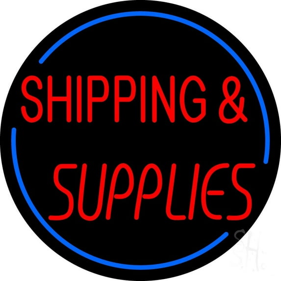 Red Shipping Supplies With Circle LED Neon Sign 18 x 18 - inches, Black Square Cut Acrylic Backing, with Dimmer - Bright and Premium built indoor LED Neon Sign for Store interior and stroefront