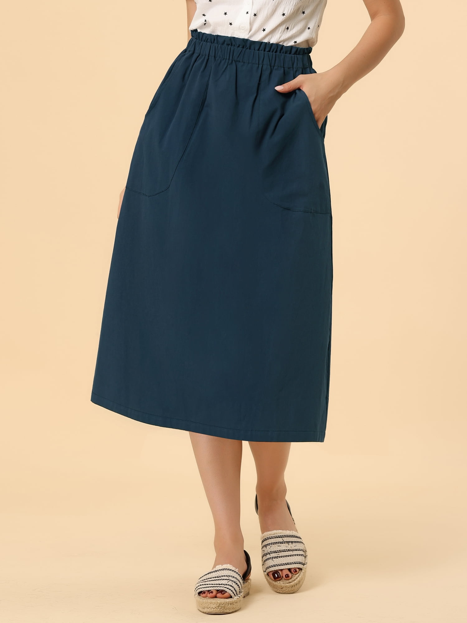 DARING DIVA Women's Cotton A-Line Midi Skirt with Pockets XS Dark Blue
