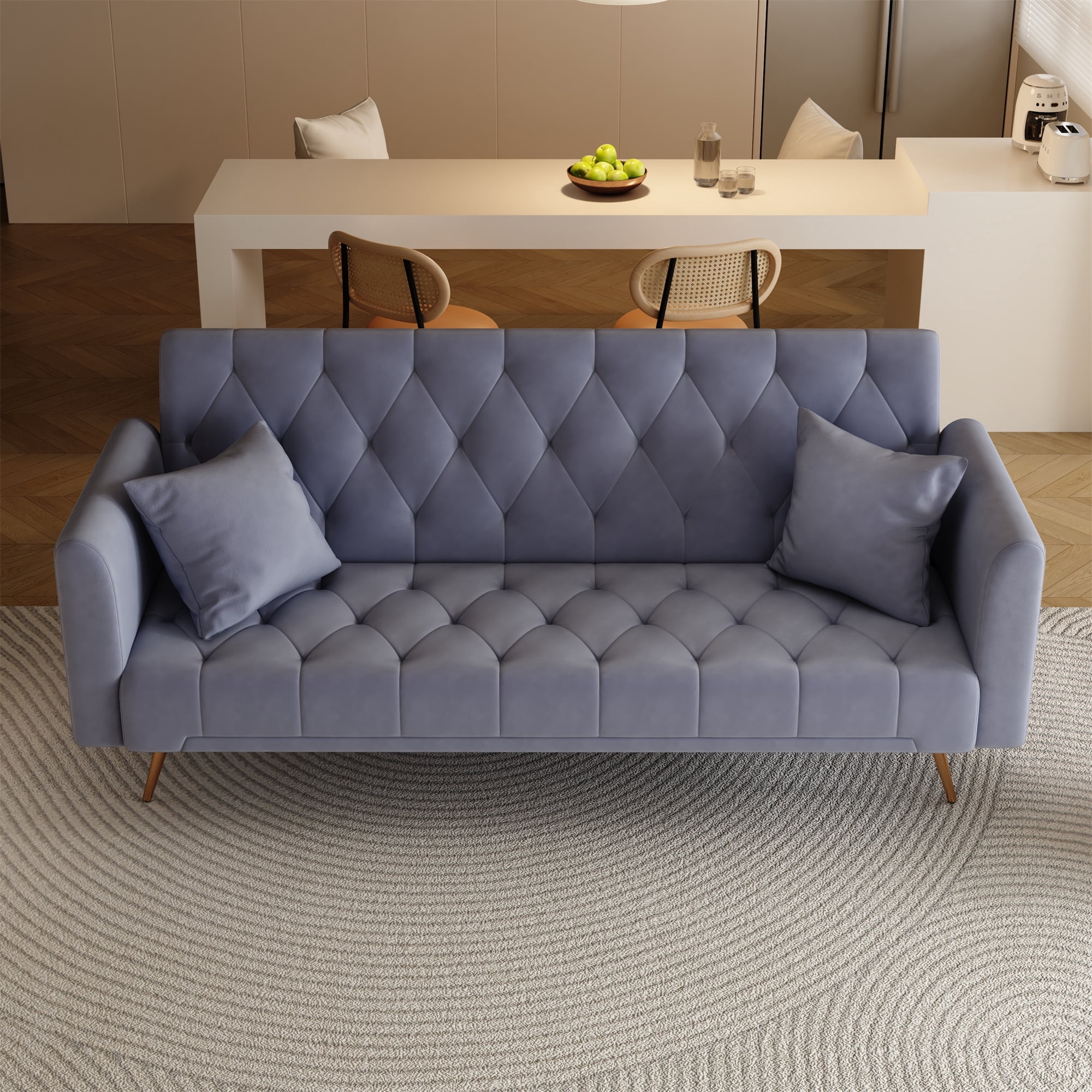 Aukfa Velvet Futon Convertible Sofa Bed, Upholstered Arm Couch for Home Office, 2 Pillows, Gray