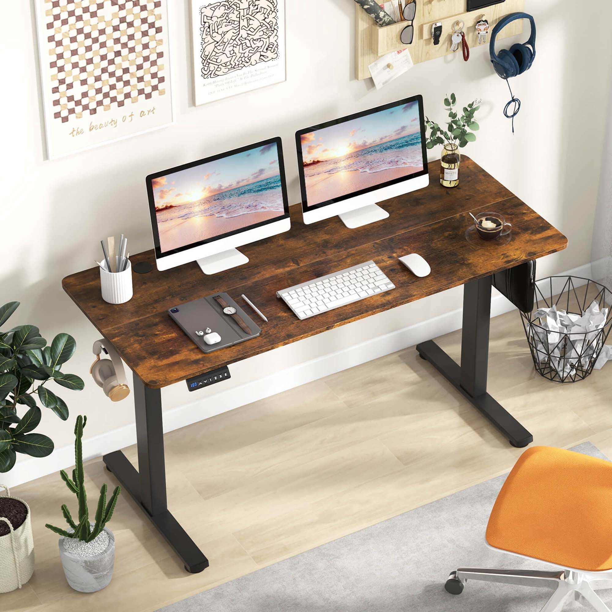 Costway 55" x 24" Electric Standing Desk with 3 Memory Height Settings 2 Hanging Hooks Brown