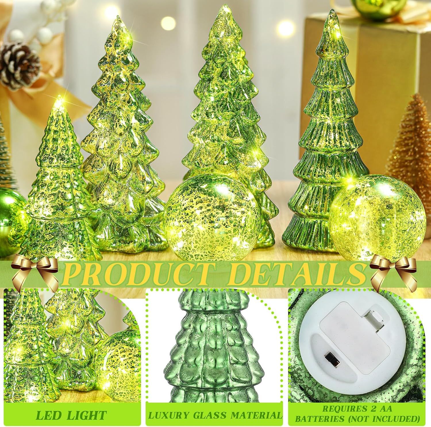 6 Pcs Mercury Glass Christmas Tree for Tabletop Light up Figurine Christmas Tree Mercury Cracked Glass Globe with Light for Xmas Decor Home Party Centerpiece Mantel Gift