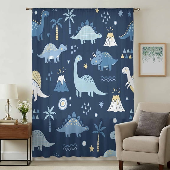 Navy Blue Dinosaur Sheer Curtains 54" Long, Stars Palm Trees Mountain Modern Art Light Filering Curtains, Breathable Simi Curtain Privacy Drapes for Kitchen Bathroom Nursery Small Window Treatment