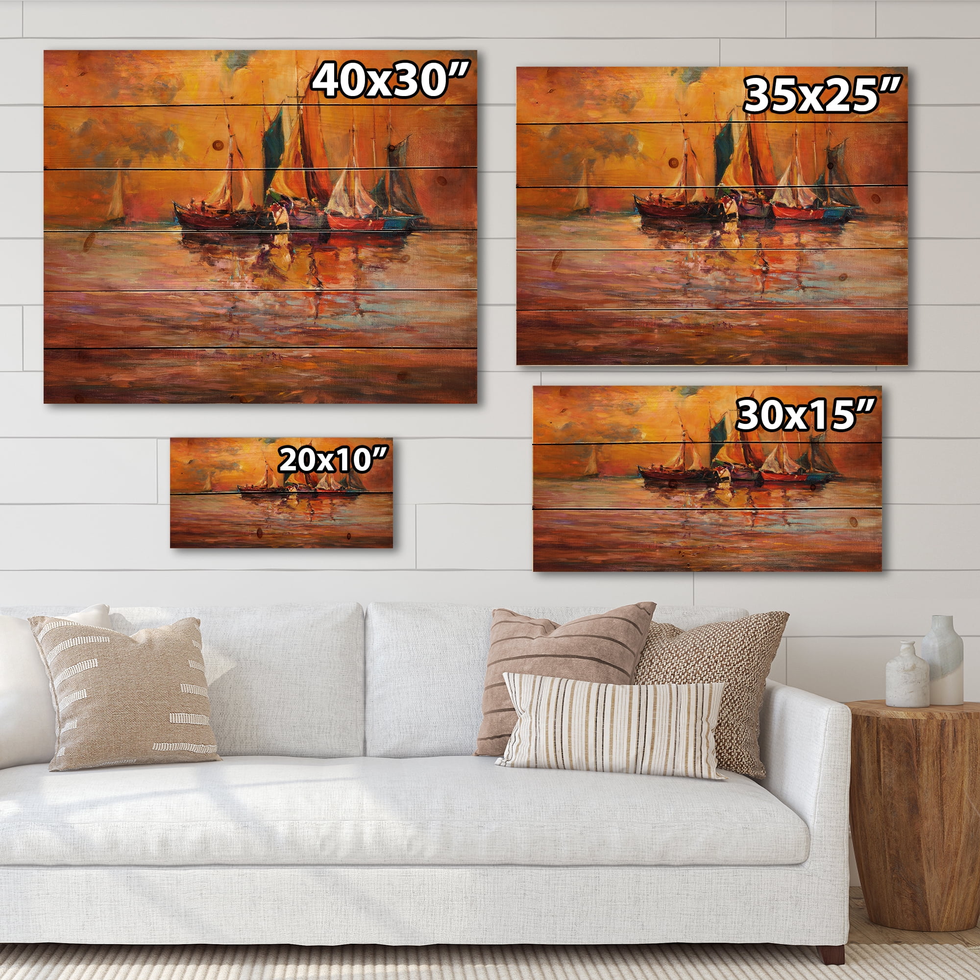 Designart 'Boats During Evening Sunset In The Ocean I' Nautical & Coastal Print on Natural Pine Wood