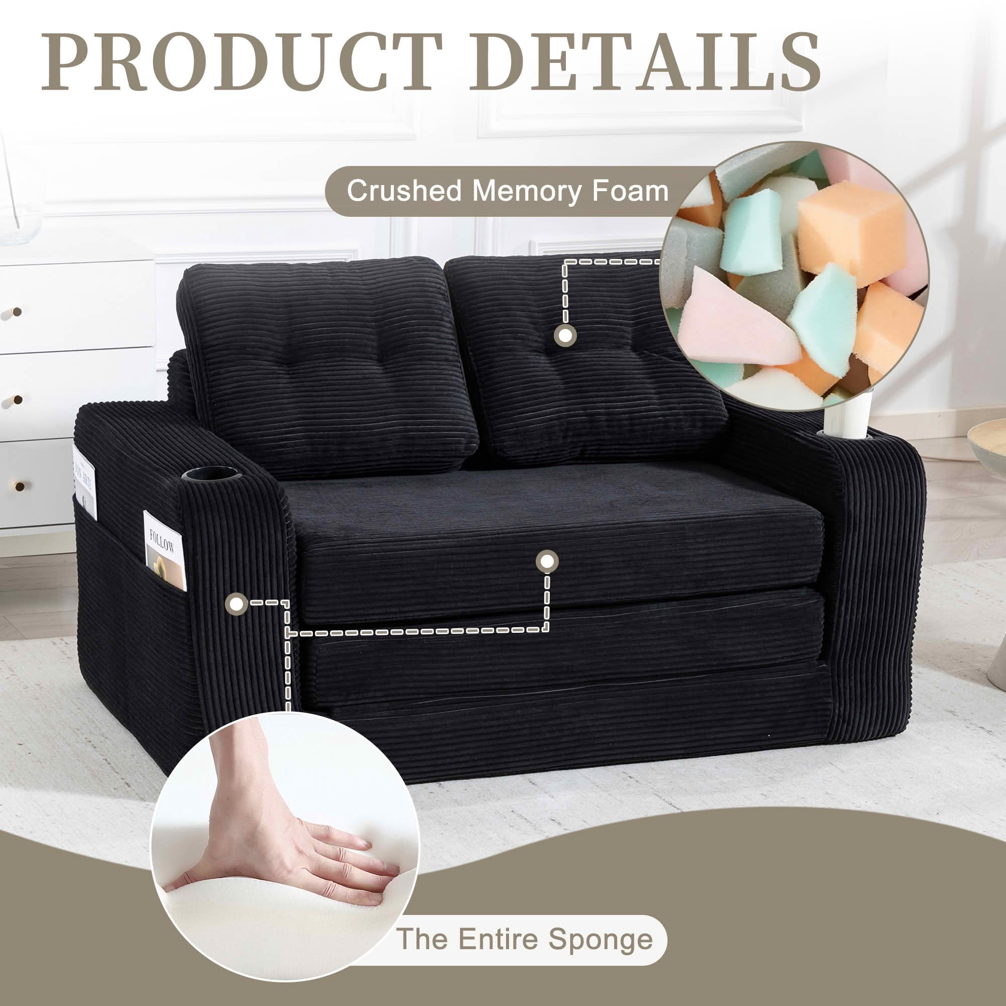 MAYEERTY 2-in-1 Convertible Expandable Sofa Bed, Fold Out Corduroy Floor Couch with Pillows, Side Pockets & Cup Holders for Bedroom Small Living Room