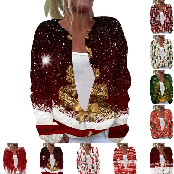 Christmas Oversized Cardigan Sweaters for Women Casual Shiny Xmas Tree Print Lightweight Knit Cardigan Sweater Button Long Sleeve Open Front Cozy Trendy Fall Women's Sweaters Yellow 2XL